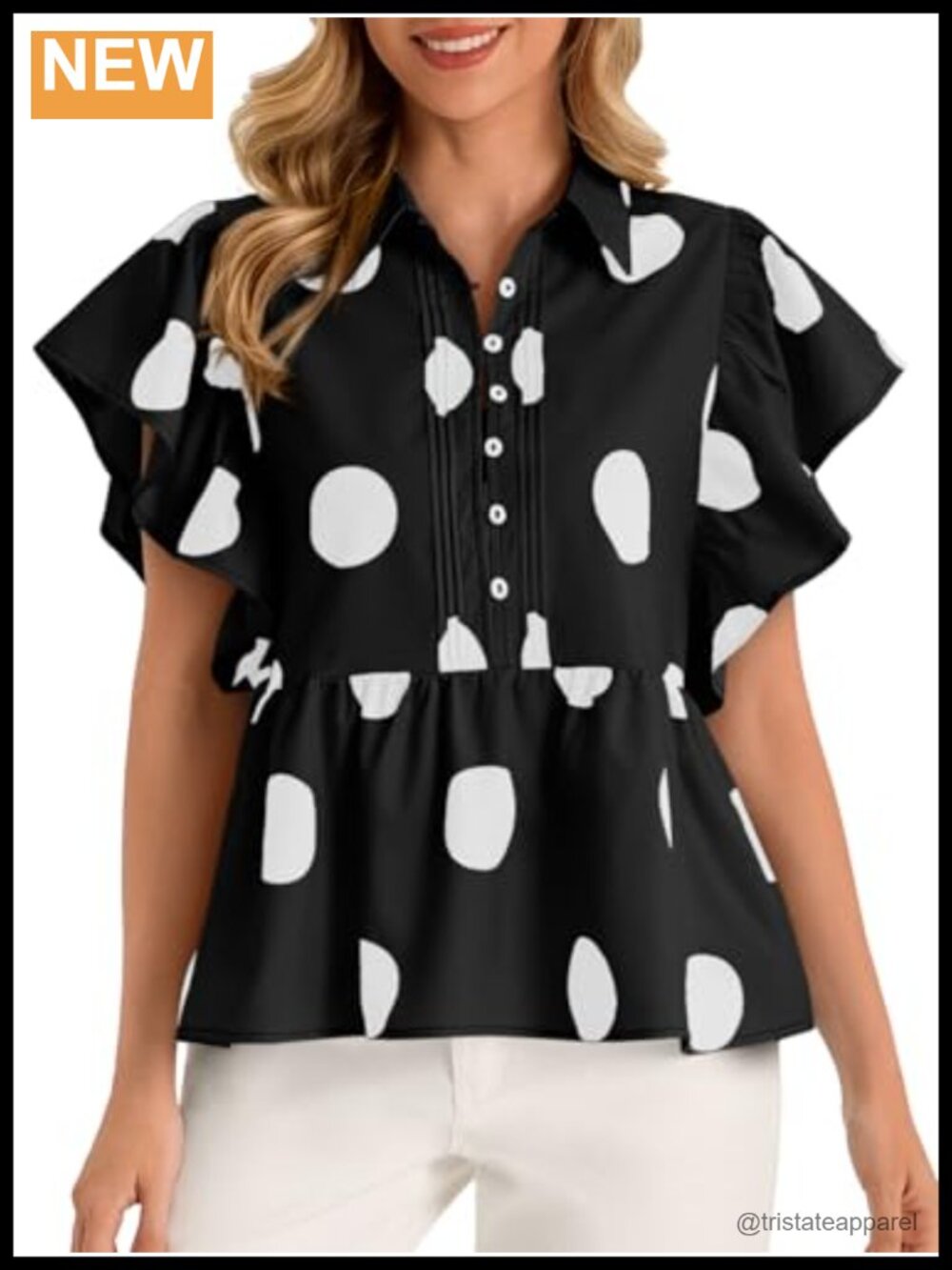 Womens Polka Dot Babydoll Top Ruffle Sleeve Peplum Blouse